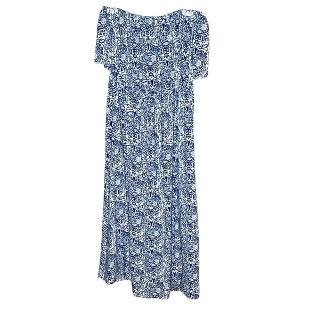 🆕 YIDARTON Strapless Maxi Dress Blue White Floral Ruffle Top Floral Size L - Picture 6 of 10